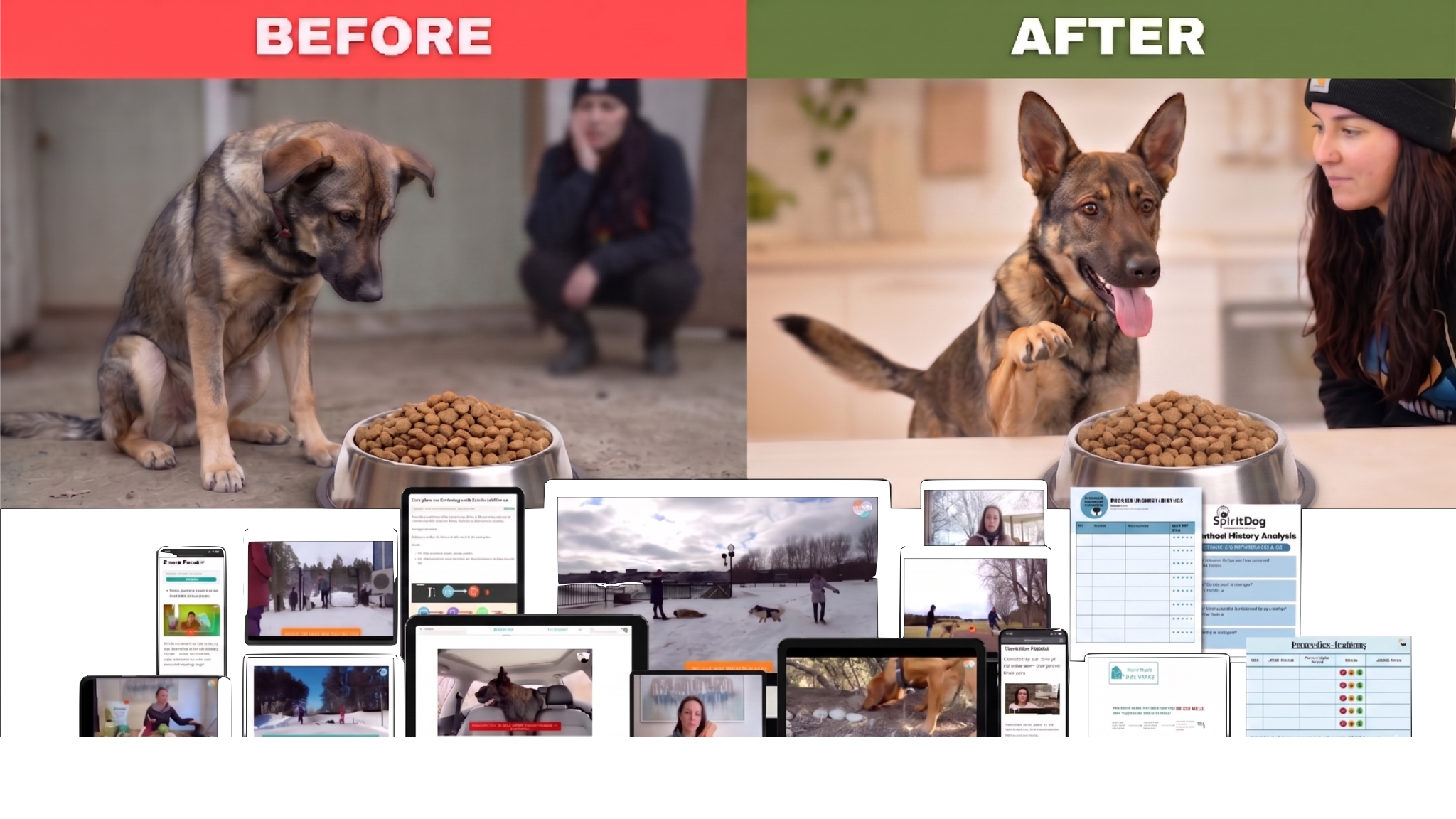 Before and after: a hesitant dog transformed into a confident, engaged eater