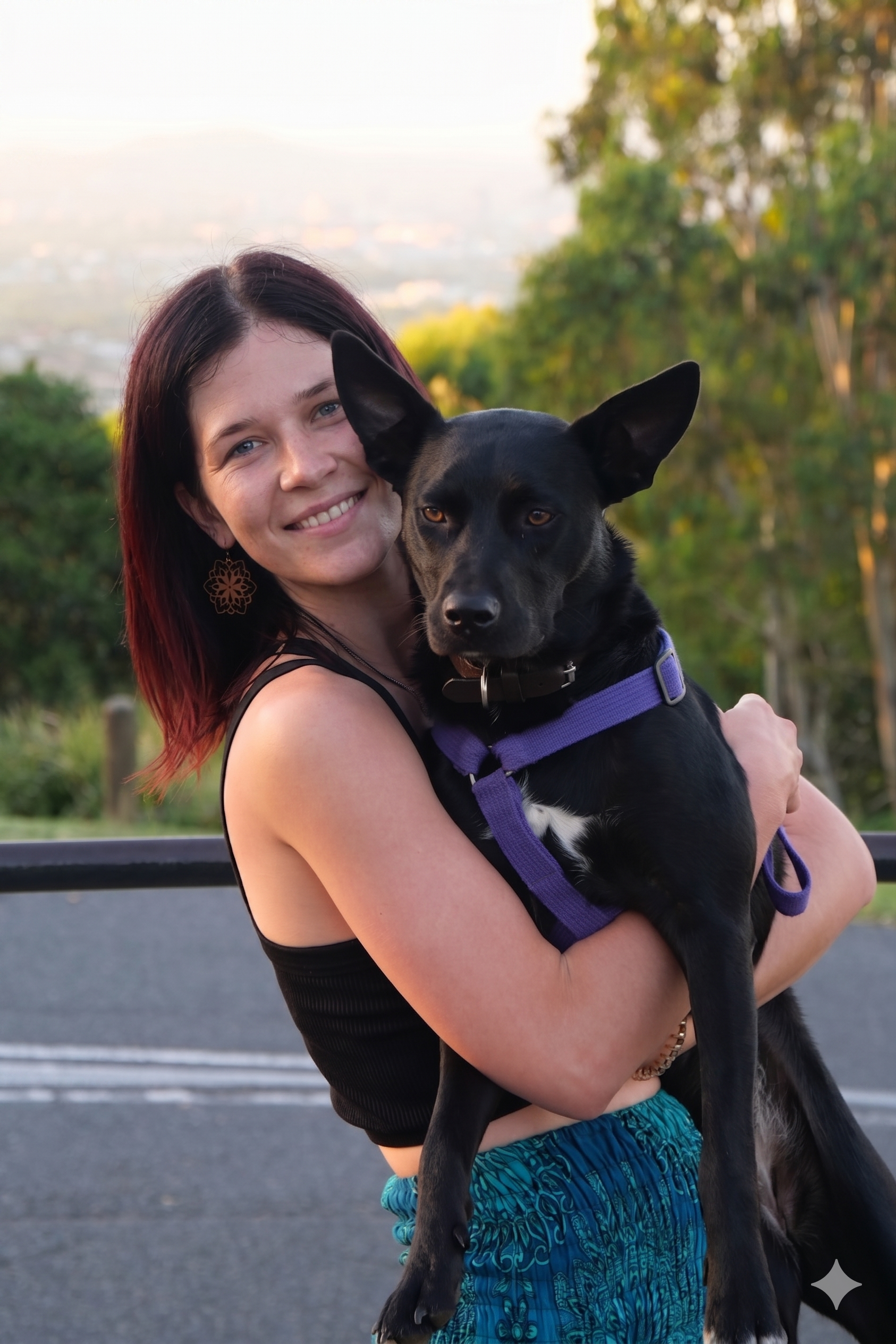 Steffi Mitchell with her Kelpie Daisy at sunset, regional Victoria