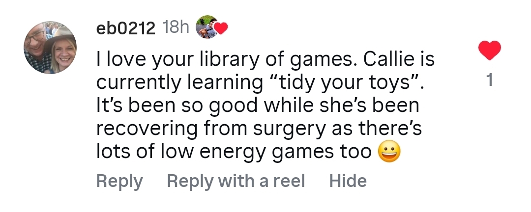 Instagram comment from eb0212 about post-surgery enrichment games